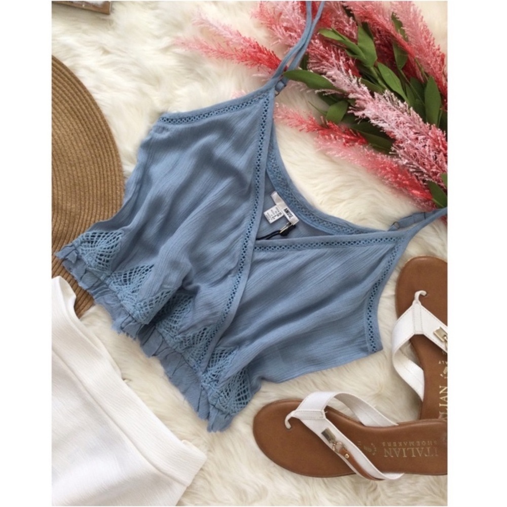 XS/S Amuse Society Dusky Blue Lace Crop Top Western Boho Farmhouse